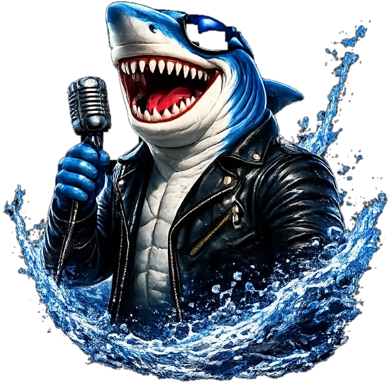 The Ultimate Pitch Festival mascot: a shark wearing sunglasses and a leather jacket, singing into a microphone